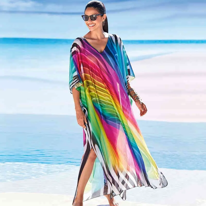 Drucken Sie lange Strandkleid-Abdeckungen für Frauen Pareo de Plage-Badeanzug-Abdeckung Sarongs-Badebekleidungs-Kaftan Q1215 210420