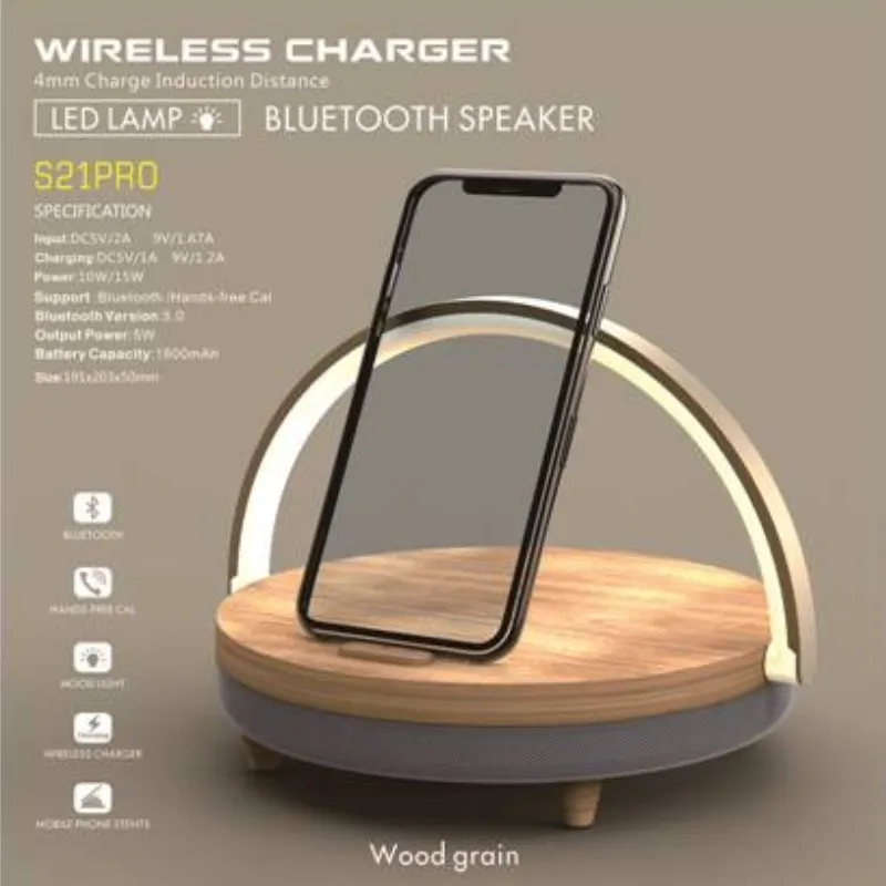 Altavoz Bluetooth S21 Pro, cargadores inalámbricos de madera, lámpara LED para iPhone 13, 13Pro, 12, soporte de carga rápida de alta potencia de 15W