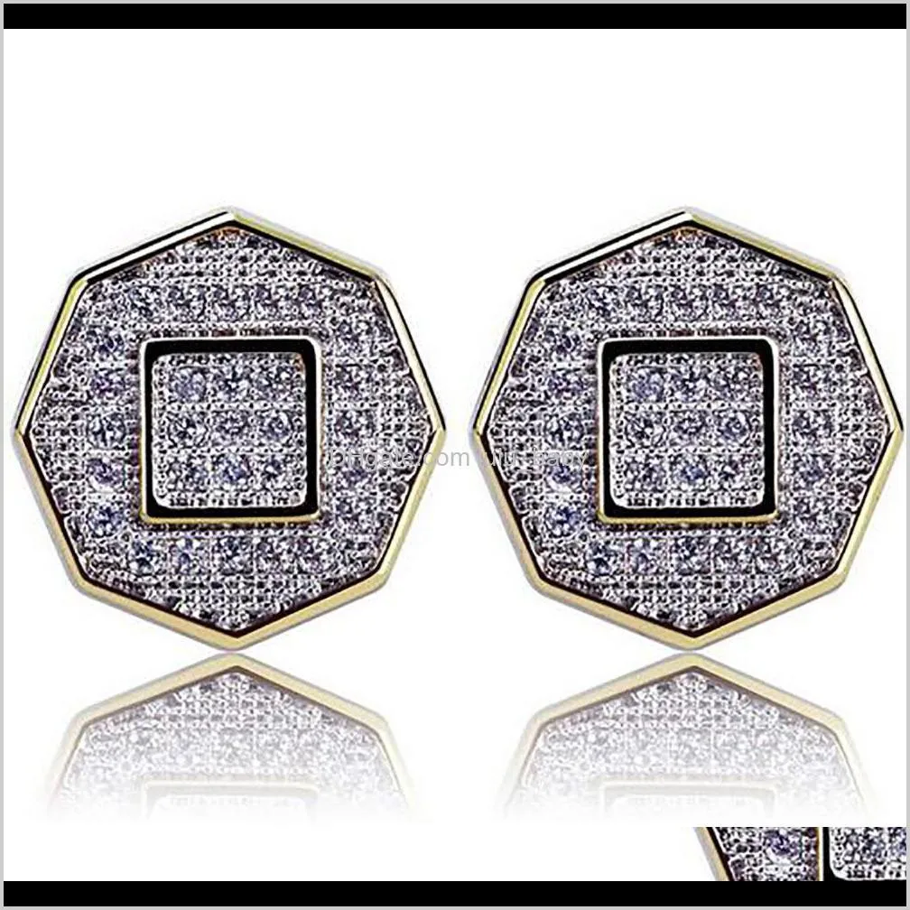 gold cz 3d octagon iced out bling bling earrings 1 pair micro pave cubic zircon earring for men women rapper singer accessories