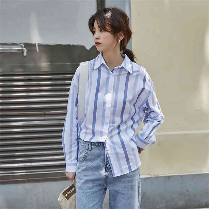 Spring Solid Vintage Shirt Kvinna Oversize Toppar Kvinnor Långärmad Tjejer Blus Plus Size Stripe Blouses Femme Blusas 210423