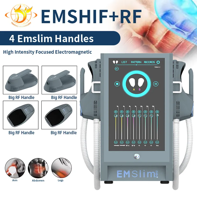 최신 4 개 손잡이 EMSLIM RF EMS 슬림 전자기 근육 건물 건물 지방 연소 기계 울트래 페이프 머신 지방 화상