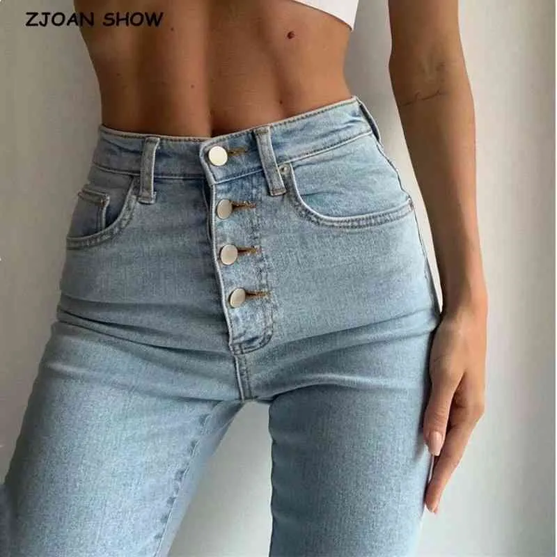 Vintage Chude Cztery Przyciski Wysoka Talia Ołówek Dżinsy Kobiety Slim Fit Stretch Dżinsowe Spodnie Pełna długość Denim Tight Spodnie 210616