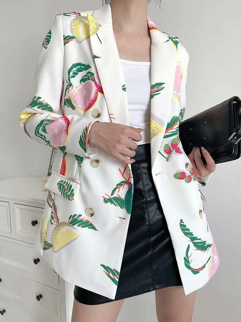 Abiti da donna Blazer Blazer da donna 2022 Autunno Giacca con stampa di frutta creativa Slim doppio petto da donna da ufficio Abbigliamento casual selvaggio