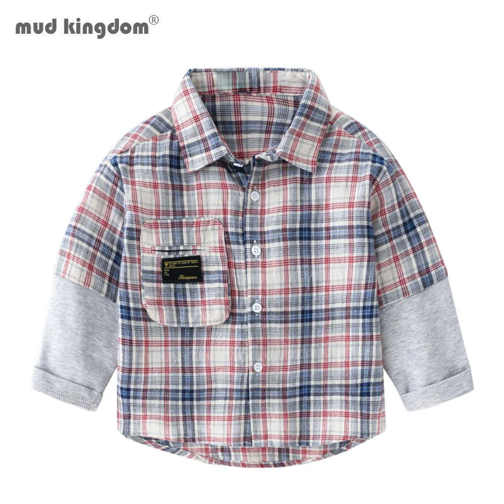 ムーディングドム幼児男の子服春秋の長袖ボタンダウンフラットのための格子縞のパッチワークシャツ210615