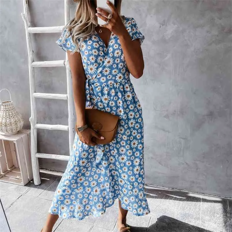 Beach Print long Dress Summer small floral print sweet lace V-neck mid-length dress for womens A Line Sun Ruffles Dresses 210508