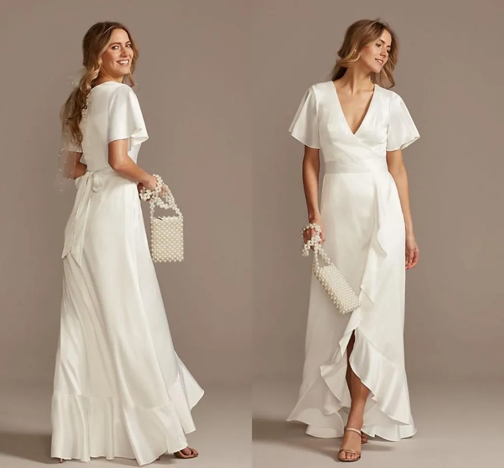 Flutter Sleeve Satin Wedding Dress, V Neck Capped... From Alegant_lady, $111.61 | DHgate.Com Flutter Sleeve Satin Wedding Dress, V Neck Capped... From Alegant_lady, $111.61 | DHgate.Com