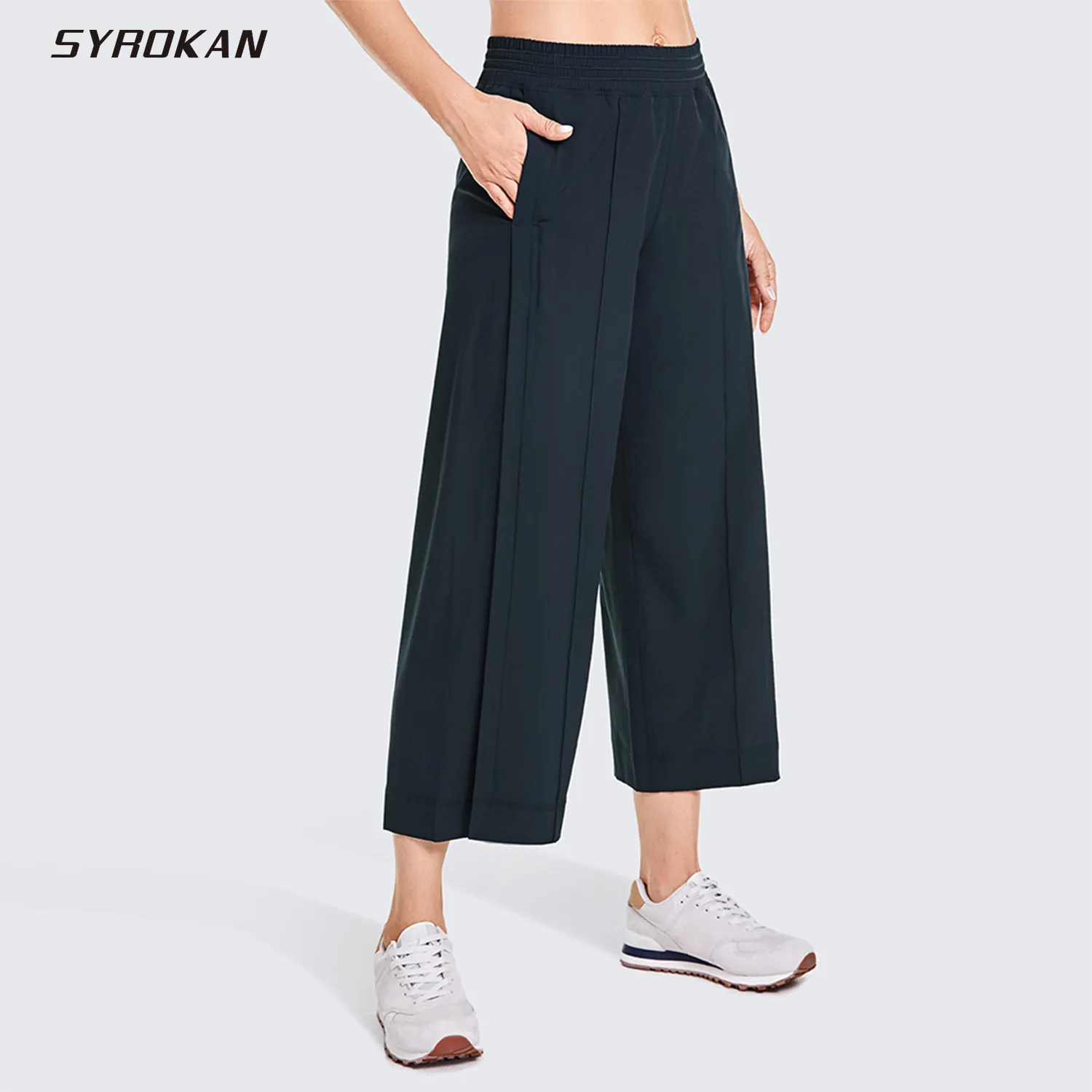 Syrokan Women 's Travel Athletic Loose Elastic 허리 운동 7/8 바지 가벼운 넓은 다리 카프리 라운지 바지 주머니가있는