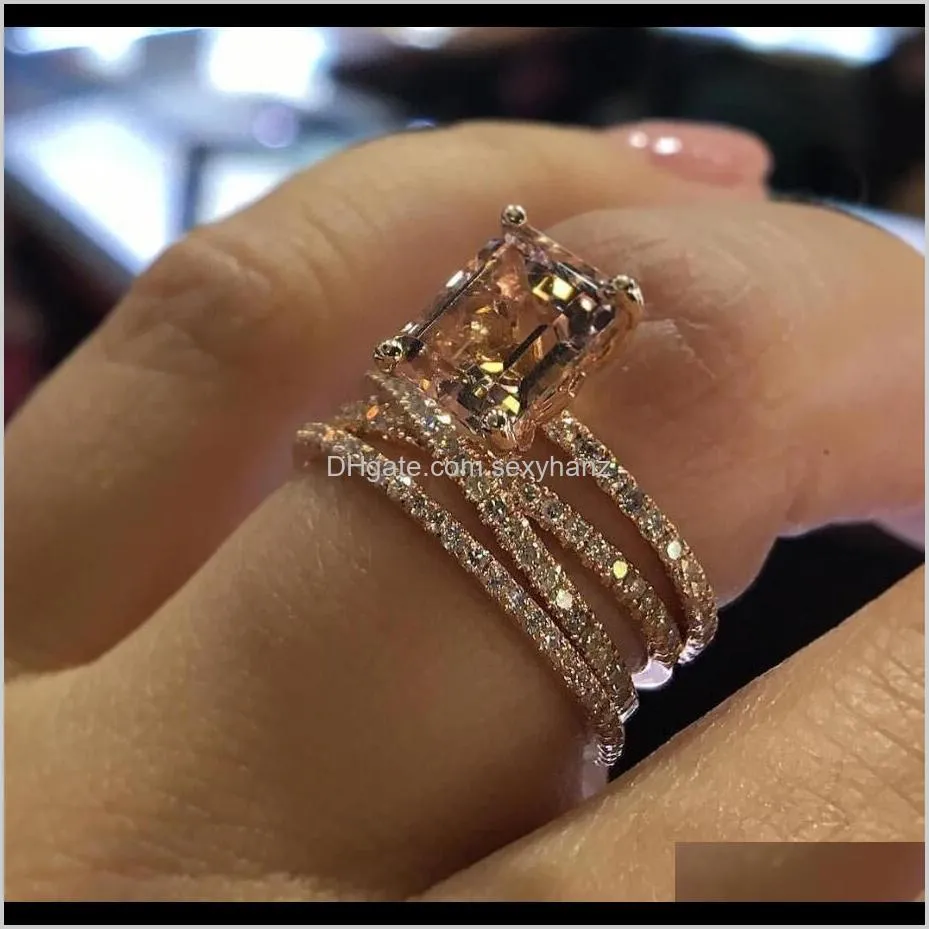 trendy 14k plated rose gold square crystal rhinestone gem engagement wedding band rings champagne color finger ring women gift size