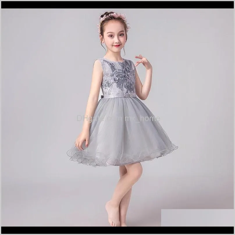 big girls ball gown dress hollow sleeveless wedding dress beaded appliqued bow zipper solid mesh lace elegant girls performance tutu