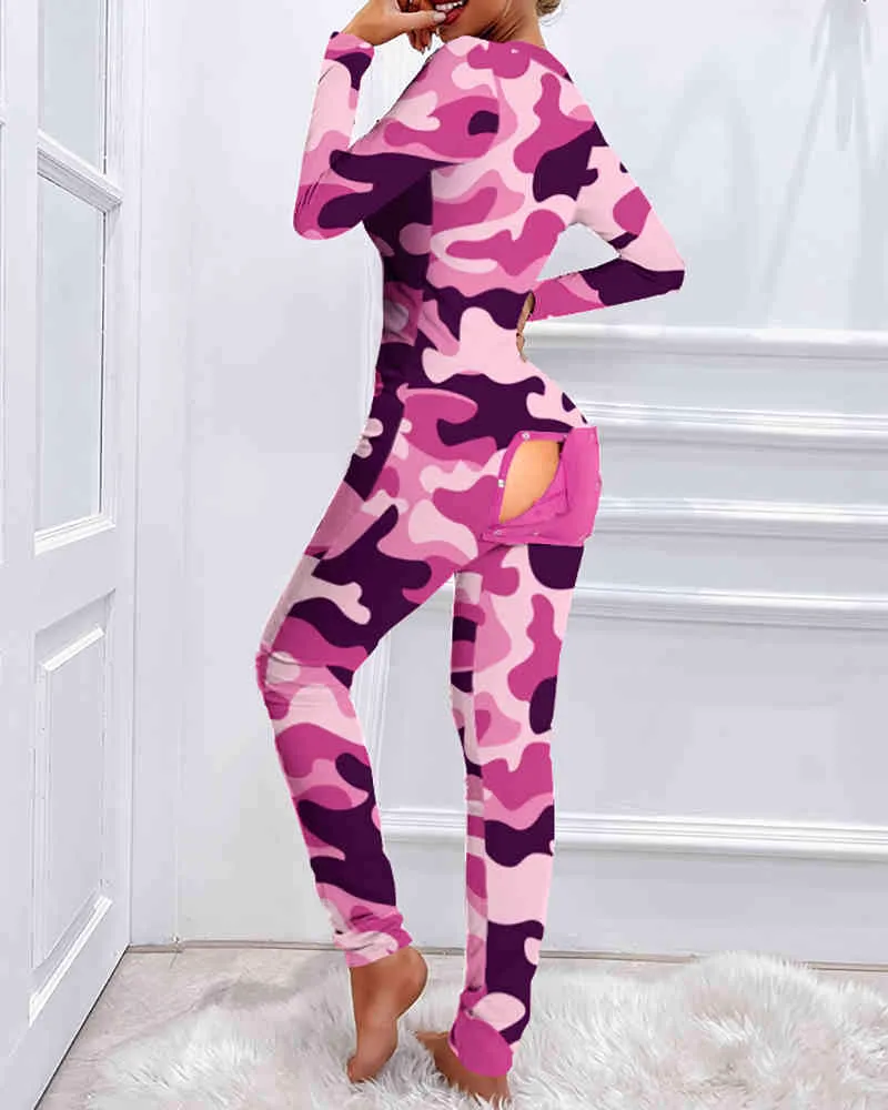 New Style Women's Functional Buttoned Flap Camouflage Printed Adults Pajamas Suit Homewear Femme Detachable Jumpsuits 210415