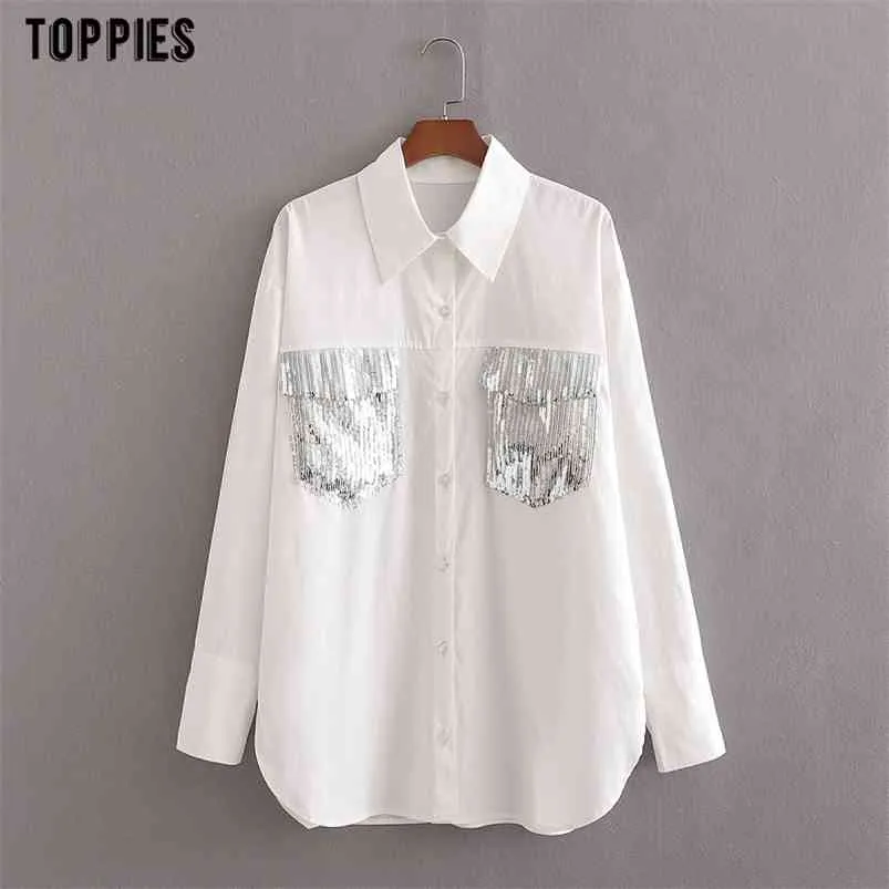 Mode Pailletten Quaste Weißes Hemd Frühling Sommer Casual Langarm Damen Elegante Bluse Mit Knöpfen 210421