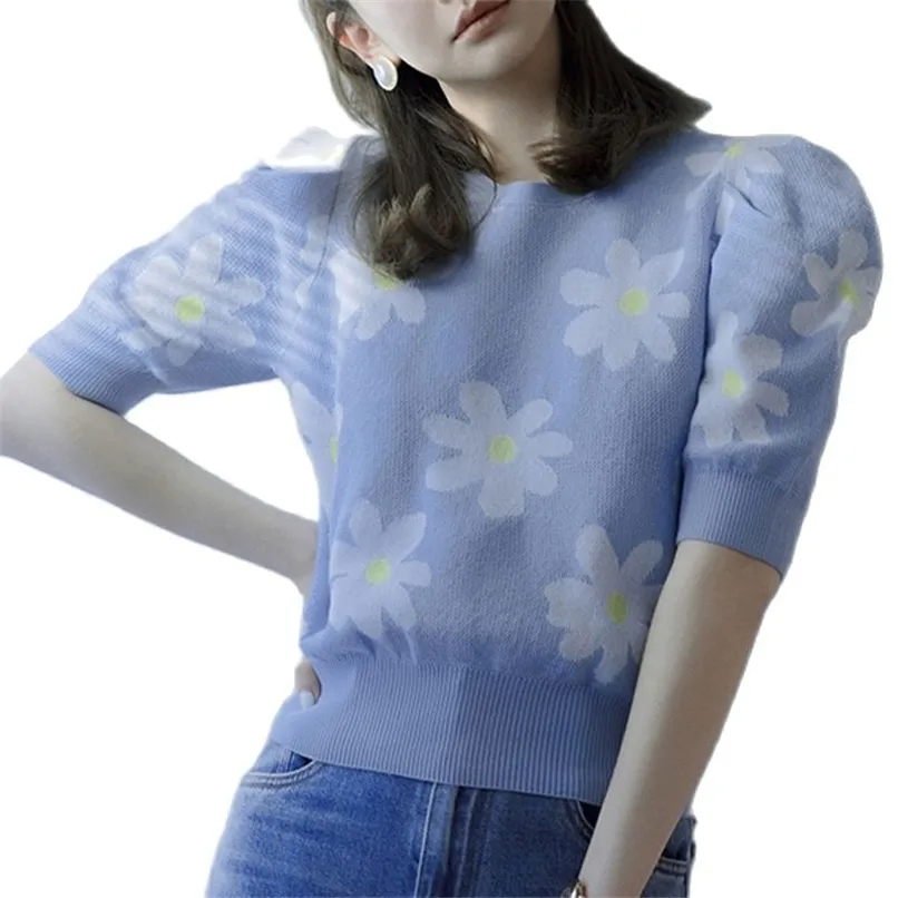 Puff Sleeve Top Jacquard Daisy Sweater Tunn T-shirt Kort All-Match Thin Summer Fashion Women's Clothing 210520