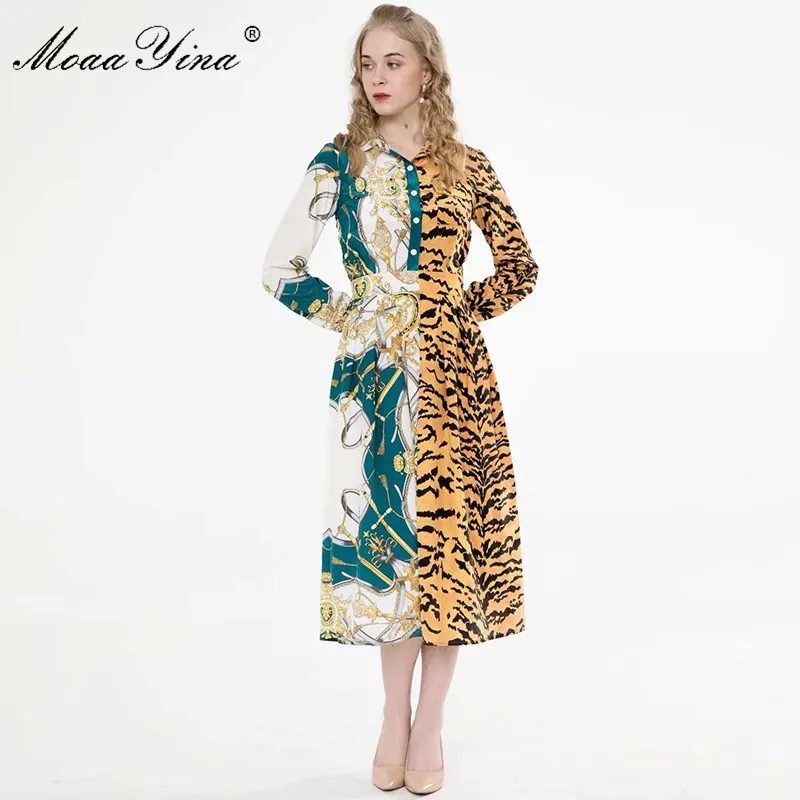 Mode Designer Klänning Vår Autumnwomen Klänning Långärmad Stripe Leopard Print Vintage Dresses 210524