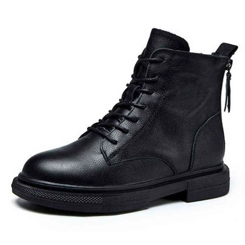 Solid Black Leather Boots Female Lace Up Ankle Boots for Women Shoes Woman Plus Size Platform Warm Plush Zipper Winter Boots Y1105