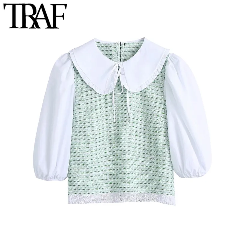 Kvinnor söt mode patchwork tweed blouses vintage peter pan krage frayed hem kvinnliga skjortor blusas chic toppar 210507