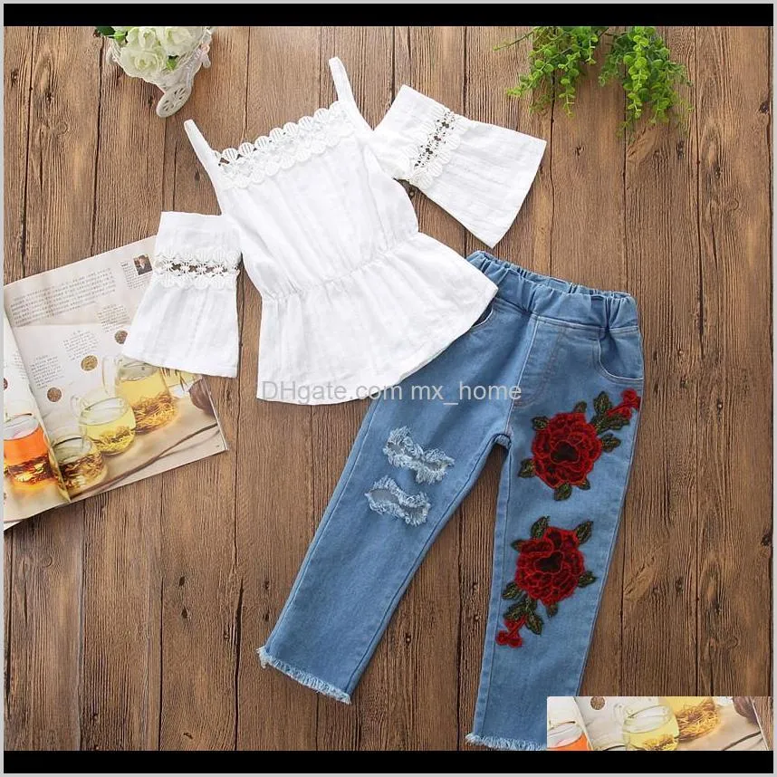 kids summer children clothing girls clothes set white strapless hollow out t-shirt + hole rose jeans baby girls clothing set 2pcs set