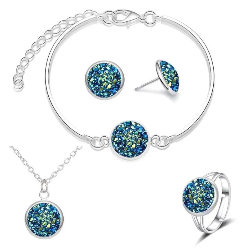 Серьги Ожерелье круглый бурю ювелирные изделия набор смола Drusy Bracelet Ring Geometric Color Fashion Brand Женщины