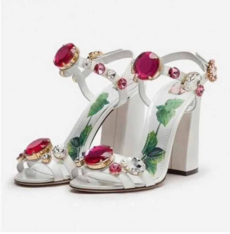 2021 Rhinestone Crystal Sandals Ankle Strap Leather Bridal Wedding Party Pumps Lady Summer Gladiators