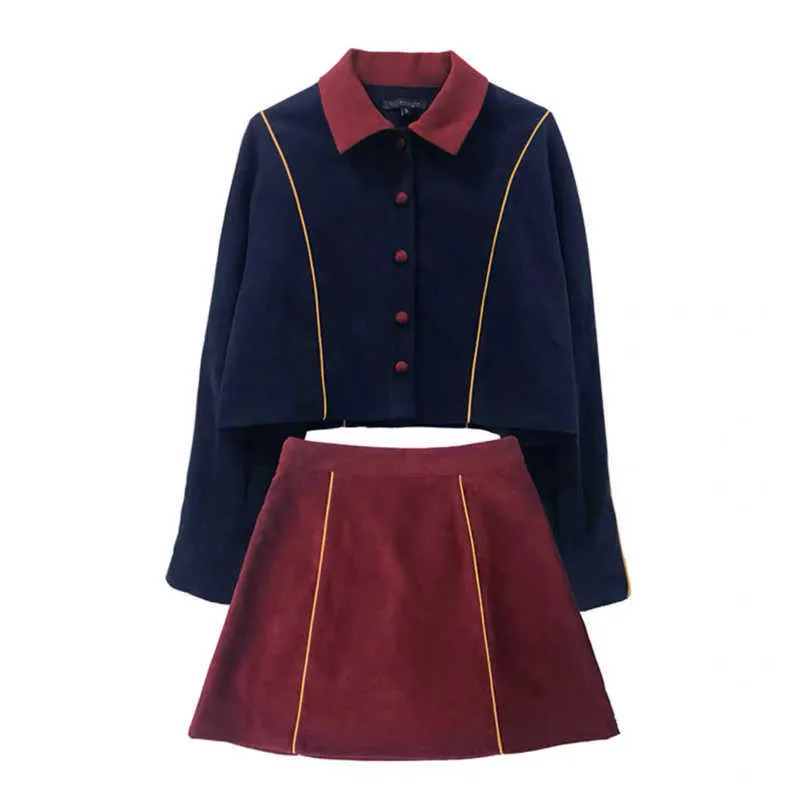 Kanske kommer du att svänga Collar Suide Red Navy Blue Button Mini Kjol Penna 2 Två Pieces Set Elegant Sweet T0314 210529