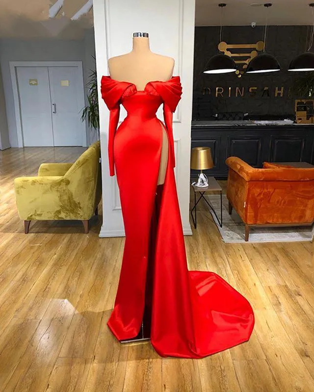 Ballkleider Afrikanische Sexy Einfache Rote Satin Meerjungfrau Ballkleider Schulterfrei Langarm High Side Split Formelle Partykleider Nach Maß Vtidos De Feista