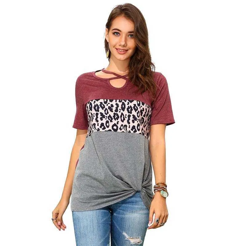 夏のヒョウ原宿Tシャツの女性Vネック半袖プラスサイズファッションカジュアルレディーストップスストリートウェアティーシャツフェムメ210608