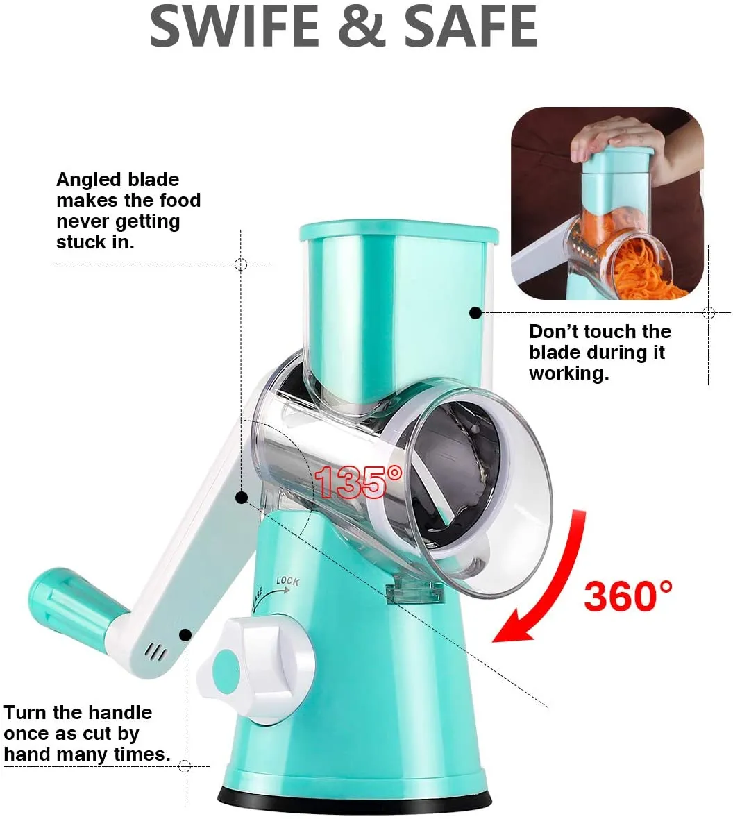 3-in-1 Rotary Cheese Grater - Manual Stainless Steel Drum Slicer With 3 Blades For Kitchen Use