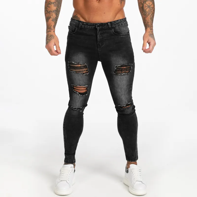 Ciemne myte czarne dżinsy dla mężczyzn Slim Fit Men Denim Jeans Casual Ripped Jeans Mężczyźni Elastyczna talia ZM112