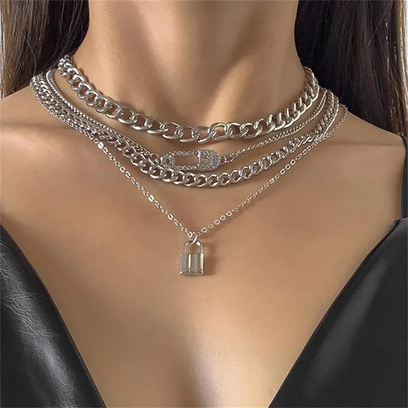 Pendant Necklaces Chunky Chain Choker Necklace Streetwaer Lock Full Bling Rhinestone Paper Clip For Women Girls Accessories2688