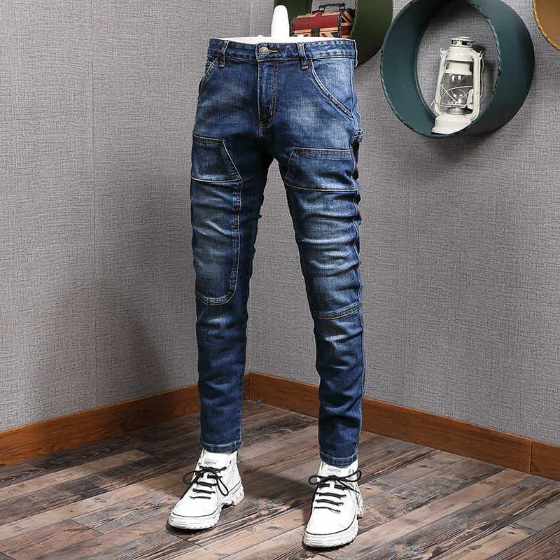 Pantalones vaqueros de estilo urbano americano a la moda para hombre, pantalones vaqueros ajustados de alta calidad de diseñador empalmado Retro azul oscuro para motorista Hip Hop