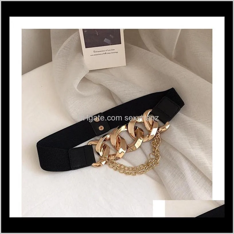 Gold Big chain buckle tassel belts for women coat solid wide elastic waistbands dress black stretch cummerbund party accessories