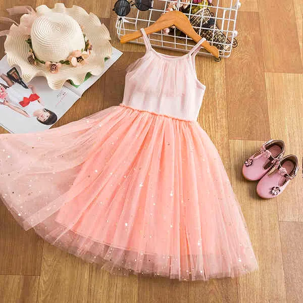 Flickor Sequin Princess Dress Summer Kids Lace Tulle Cute Party Vest Sling Tutu Kläder för Barn Bröllop Fairy Sundress Gown Q0716