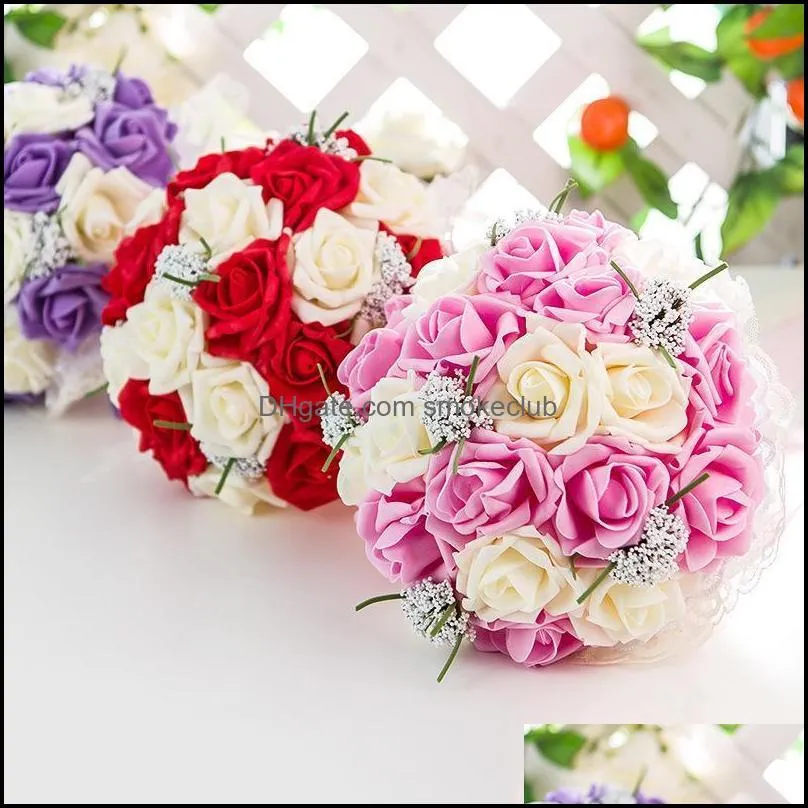 Decorative Flowers & Wreaths Birdal Holding Flower 21cm Diameter Artificial Foam Rose Wedding Bouquet Party Bride Holder Decoration
