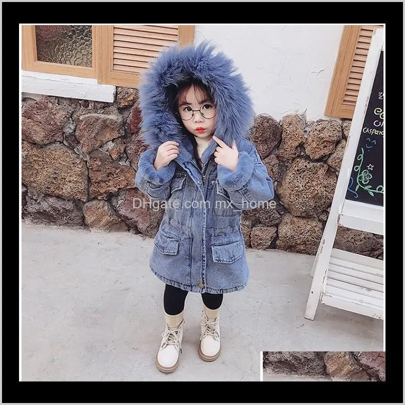2021 new arrivals girls winter thicken coats children denim hooded coat kids fur collar cotton jacket baby girl outwear