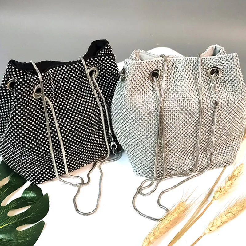 Bolso tipo cubo con conjunto de diamantes dorados y plateados, bolso de hombro de fiesta para mujer sexy y elegante, bolso tipo cubo para cena con cadena fina