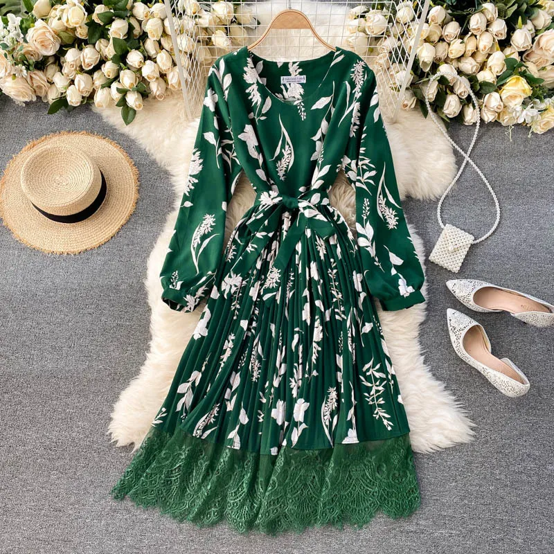 SINGREINY Women Design Floral Dress French Puff Sleeve O Neck A-line Dresses Autumn Bohemian Print Splice Lace Midi Long Dress 210419