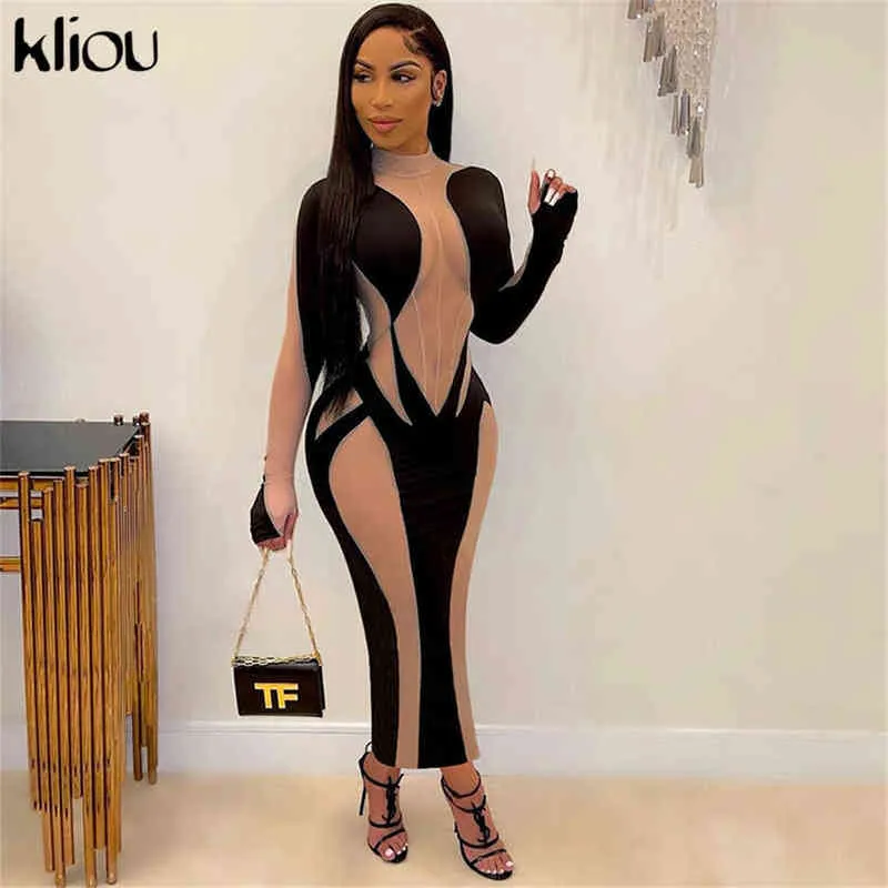 Kliou Sexy See Through Maxi Dress for Women Sheath Paisley Cleavage Long Sleeve Turtleneck Shaped Waist Clubwear Female Skirts Y1204