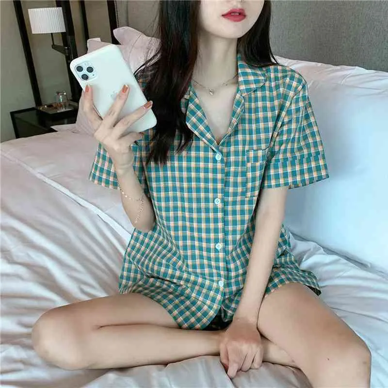 Coreano Sleepwear Set Verão Verão Manga Curta Lapela Mulheres Pijamas Pad Print Homewear Plus Tamanho 2piece Pajama Casa Roupas X0526