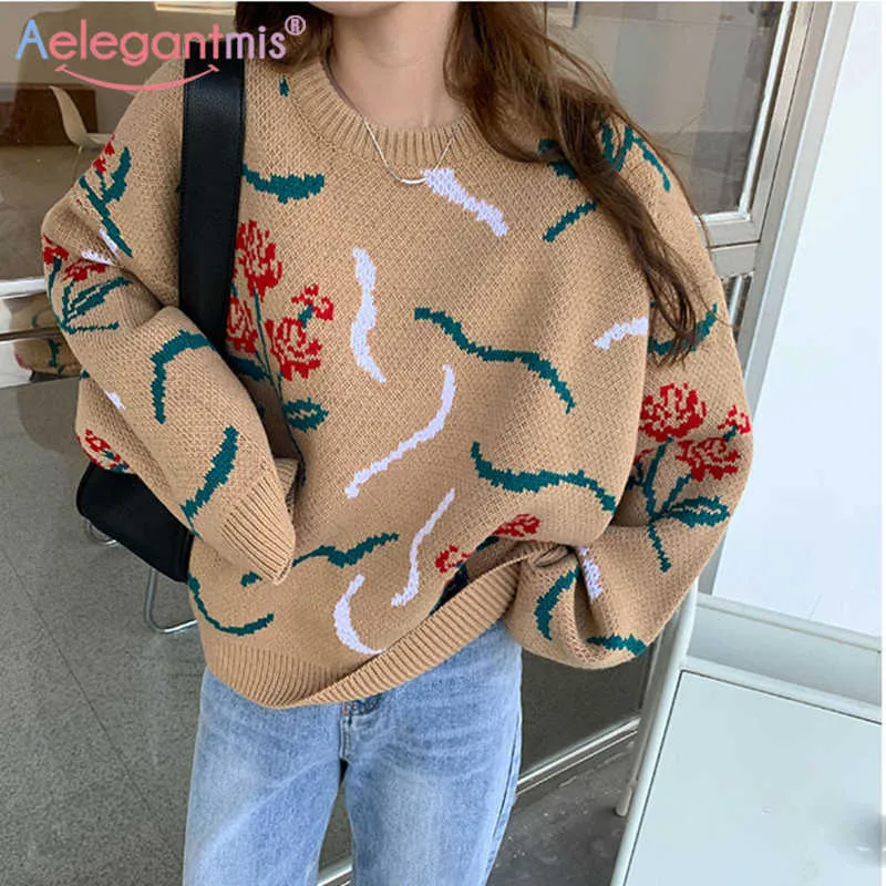 Aelegantmis Vintage Oversized Print Sweater Women Cozy Rose Flower Knitted Pullover Loose Casual Korean Jumpers Chic Harajuku BF 210607