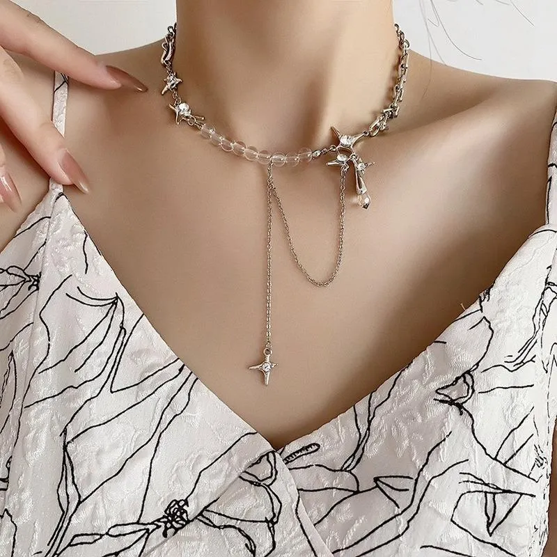 Pendant Necklaces VSnow Punk Asymmetric Astral Crystal Transparent Beaded Necklace For Women Rhinestone Metal Tie Chain Jewelry