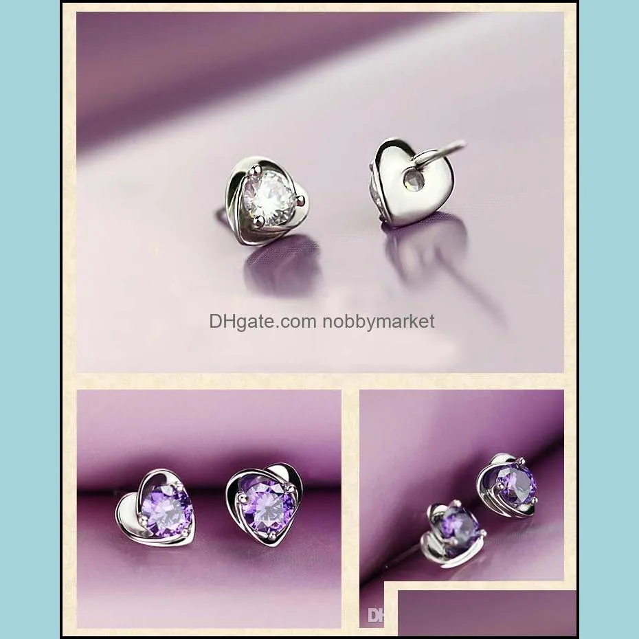 Amethyst Wedding Earrings Stud For Women Purple Crystal Love Heart Charms Ear Jewelry 30% 925-Sterling-Silver Big White Gold Overlay