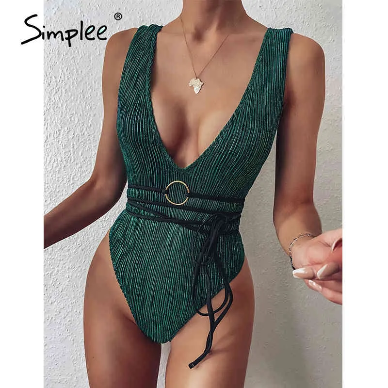 Brilhante mulher verde maiô uma peça bodysuits v pescoço de alto corte swimwear mulheres banhos de banho atadura biquíni mujer 210414