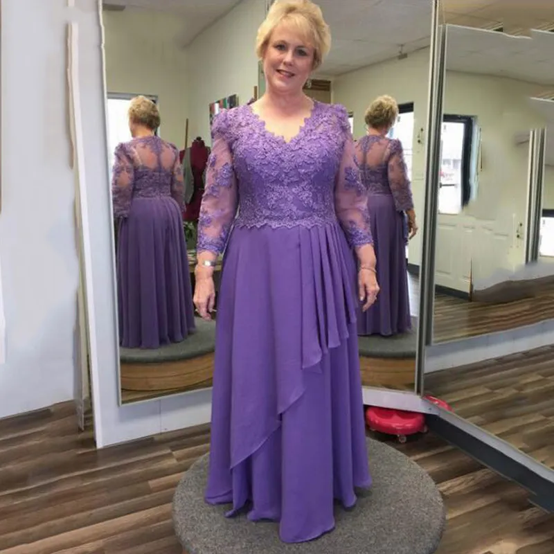 Purple Mother Of The Bride Dresses Long Sleeve Applique Sequins Lace Wedding Guest Dress Evening Party Gowns New