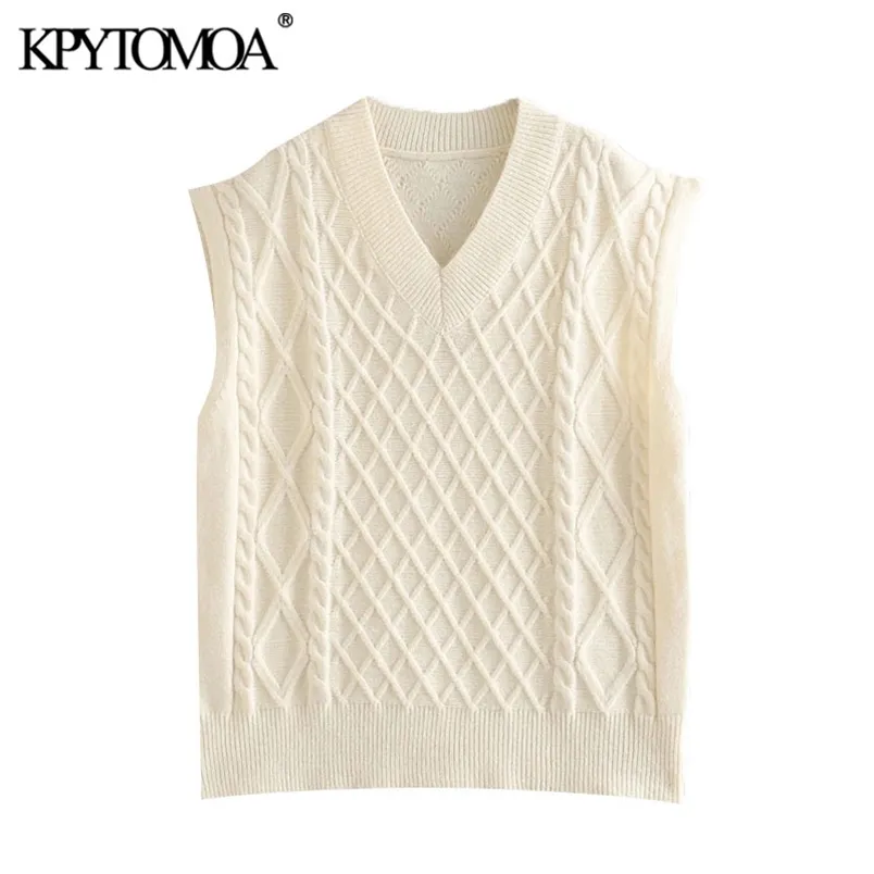 Mulheres Moda Oversized Cable-Knit Colete Sweater v Neck Sem Mangas Sem Mangas Femininas Waistcoat Chique Tops 210420