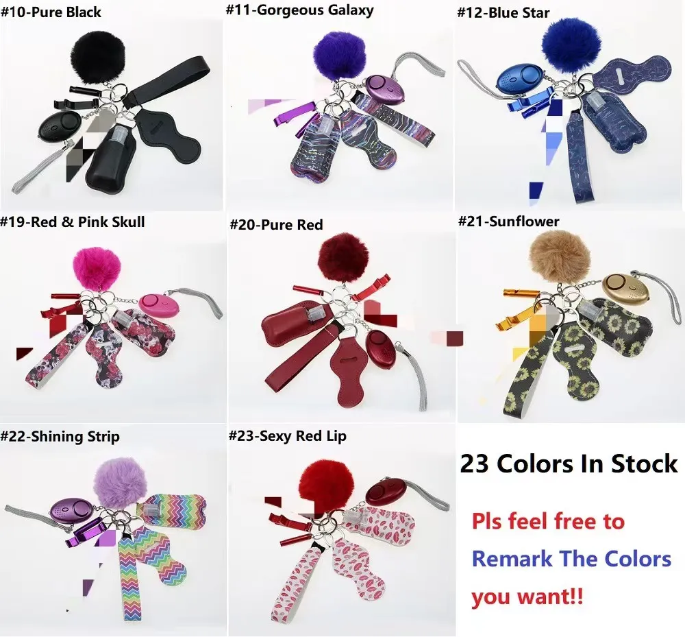 23 kleuren PU 9 stks / set zelfverdediging sleutelhanger set vrouw zelfverdediging sleutelhanger alarm pompom hand sanitizer polsband lipstick houder sleutelhangers flesopener edc gereedschap