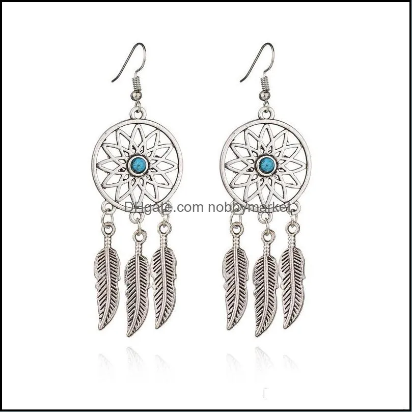 Ancient Silver Dream Catcher Feather Tassel Charm Pendant Earrings Fashion Vintage Creative Women Ladies Earrings Jewelry Best Friend