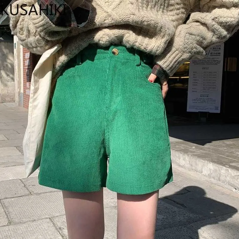Corduroy Causal Women Shorts Spring Korean High Waist Bottoms Vintage Solid Wide Leg Short Mujer 6E306 210603