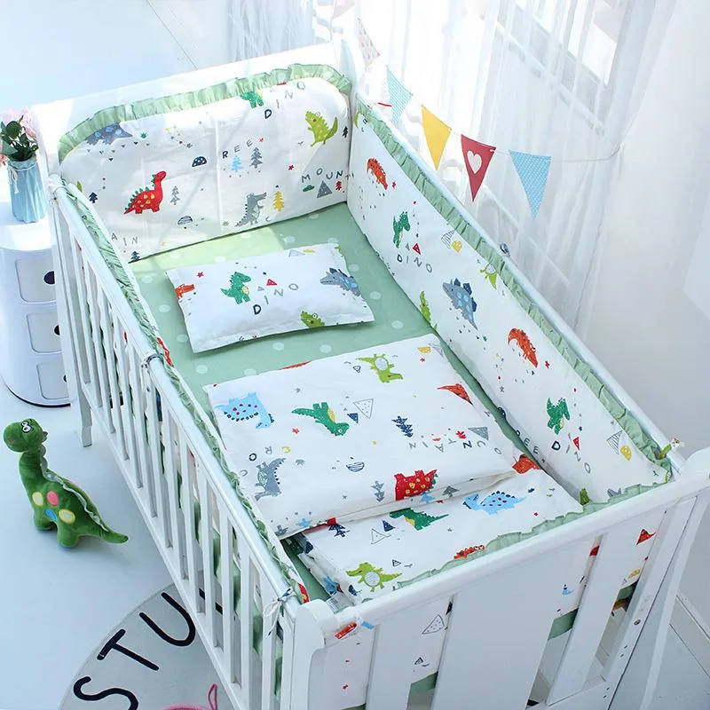 2024 Bedding Sets 5pcs Set Nordic Ins Baby Crib Bumper Cotton Cute Cartoon Print Bed Sheets Kids Room Children Decorative Cushion Best Quality