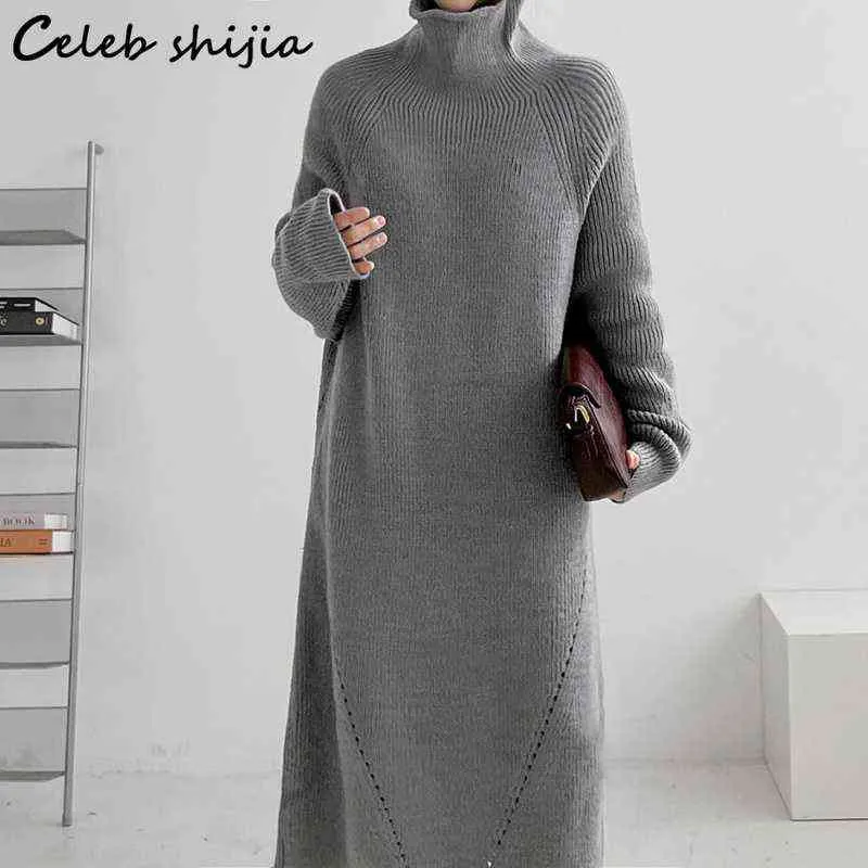 Vintage Turtleneck Woolen Dress Women Brown Solid Oversized 2022 Autumn New Long Sweater Dresses Female Winter Knitted Clothing Y1204