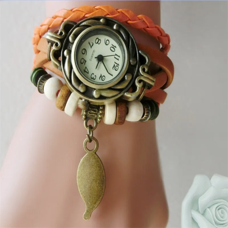 Retro Quartz Bracelets Watches Leaf Pendant PU Leather Strap Dress Wrist Bangle Vintage Weave Wrap Wristwatch Women Girls Knit Watch 358 Y2