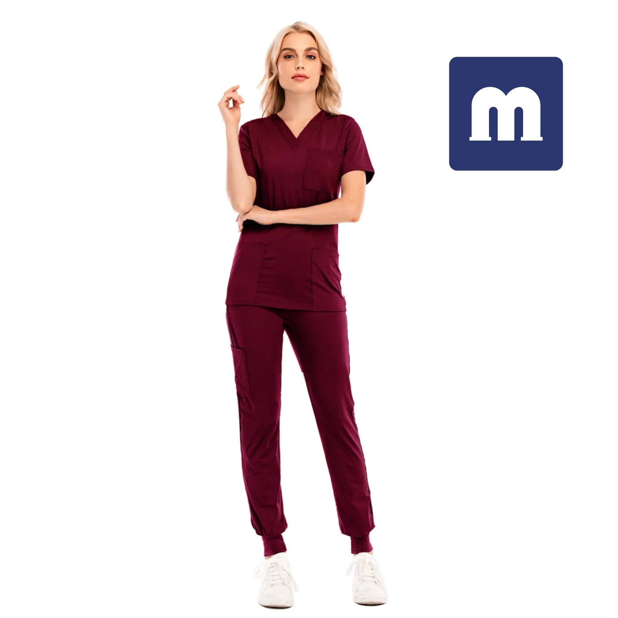 Medigo-035 Pantaloni a due pezzi da donna Tinta unita Spa Filettato Abiti da lavoro da clinica Top + pantaloni Unisex Scrubs Pet Nursing Hospital Uniform Suit